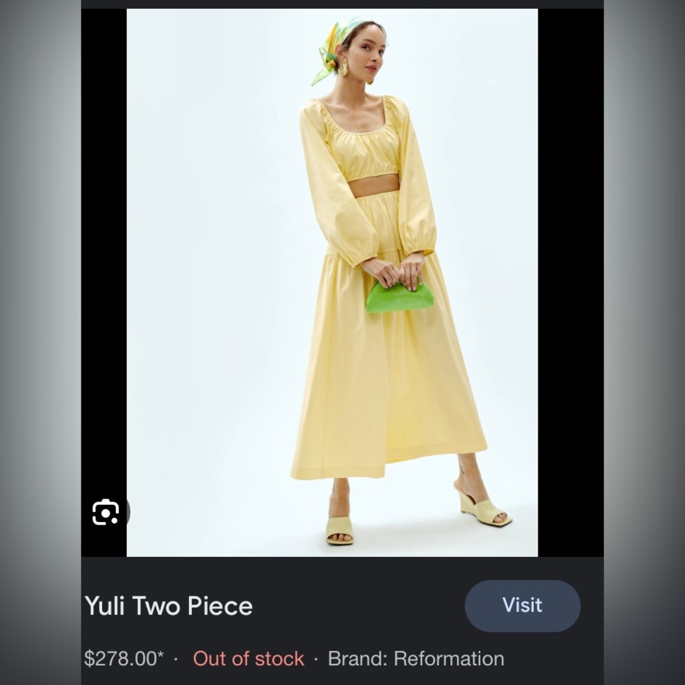 Reformation “Yuli” two piece yellow summer top and skirt